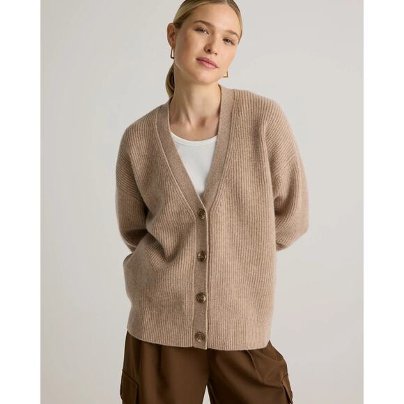 QUINCE Sz XL Mongolian Cashmere Boxy Cropped Oversized Fisherman Ribbed Cardigan - Picture 1 of 10